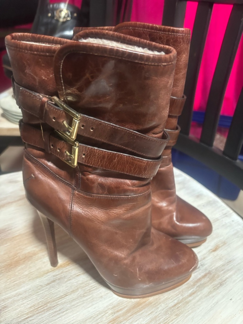 Michael Kors Brown Leather High-Heel Buckle Ankle Boots